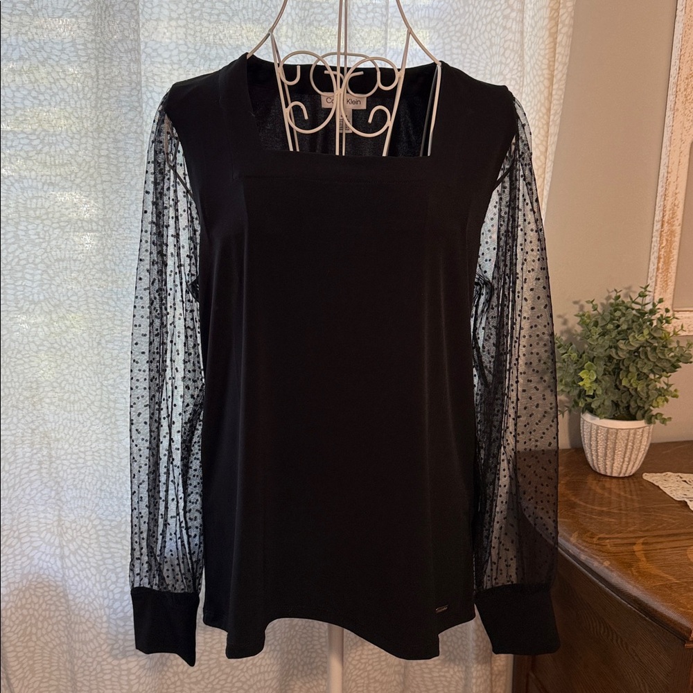 Elegant Calvin Klein Black Sheer Sleeve Top